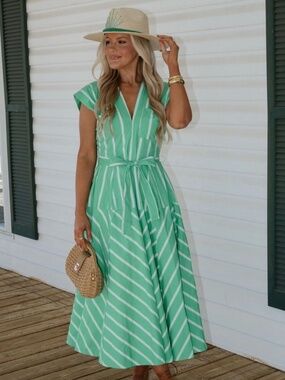 These Three Boutique Lola Striped Midi Dress-Kelly Green